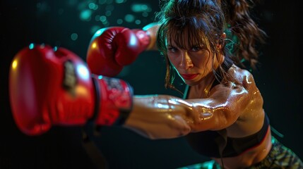 Kickboxing woman in activewear and red kickboxing gloves. copy space for text.