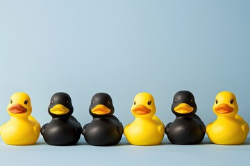 Black rubber ducks in a row of yellow rubber ducks stock photo  4