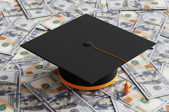 Black graduate mortar board on heap of randomly scattered US dollar banknotes. Illustration of the concept of university tuition fees and student financial loans and debt