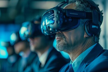 Business professionals using virtual reality headsets for immersive training