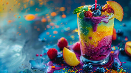 A vibrant fruit smoothie being poured into a glass, showcasing layers of colorful ingredients and swirling patterns. - obrazy, fototapety, plakaty