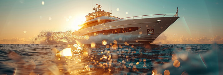  luxury yacht at sunset in blue sea,  speed boat - obrazy, fototapety, plakaty