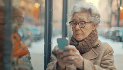 An elderly woman is sitting on a curb and looking at her cell phone