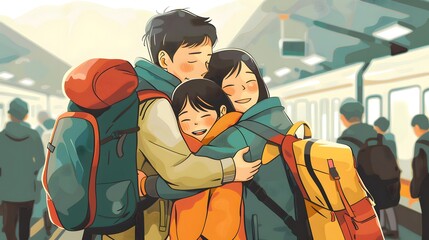 Vibrant Farewell: Playful Anime Family Boarding Together