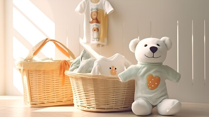 a basket of white clothes and a baby bear who sit near it baby bear toy with smile on white background, kids room