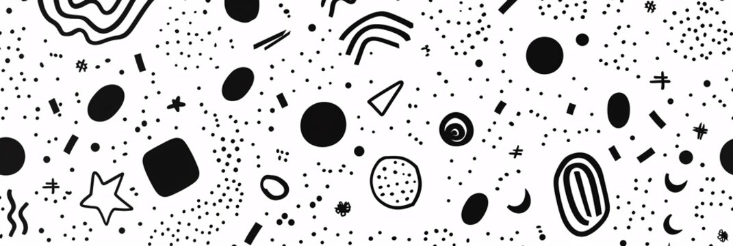 Fun and minimalist black line doodle seamless pattern with basic shapes, perfect for children or trendy designs