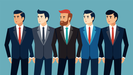 A group of sharply dressed businessmen stand side by side each showcasing the impeccable fit of their tailored suits..