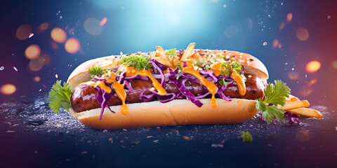 Hot and Juicy Hot Dog is very tasty and spicy on blue and bokeh background