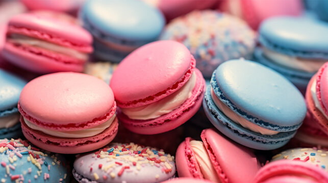 Pink and blue macarons closeup.