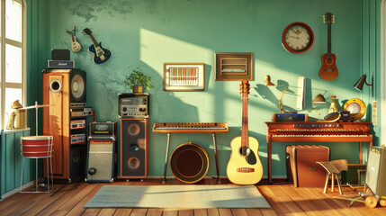 A room with a green wall and a lot of musical instruments