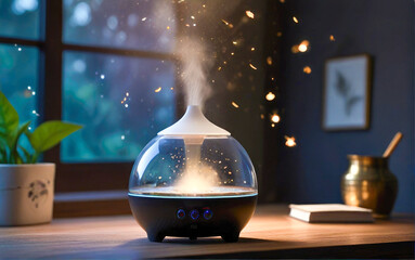 A mystical air humidifier releasing a cool mist, creating a dreamy atmosphere in a room. Air humidifier in bedroom