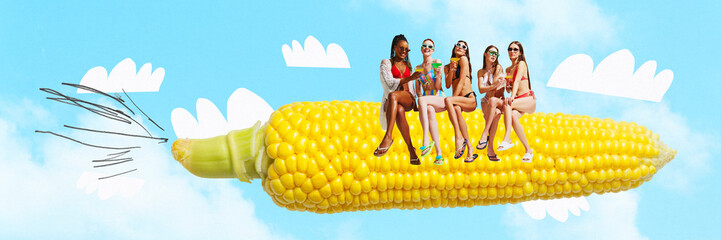 Banner. Contemporary art collage. Group of girls different ethnicities sitting on corn and drinks cocktails against cloudy background. Concept of parties, fun and joy, holidays, summer, travelling. Ad
