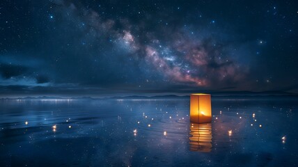 A poignant portrayal merging Memorial Day, the Lantern Festival, and a single paper lantern casting its reflection on tranquil waters, beneath the majestic expanse of the Milky Way. - obrazy, fototapety, plakaty