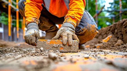 Construction Worker Laying Bricks, Cement Work in Progress on a Sunny Day, Urban Development - obrazy, fototapety, plakaty