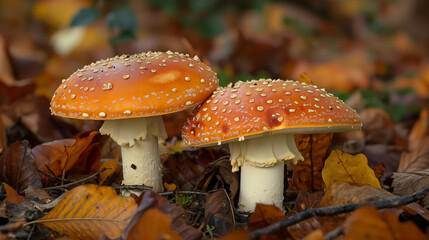 Obraz premium Two vibrant orange mushrooms with white spots stand out amidst fallen autumn leaves on the forest floor.