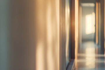 Soft focus view of a sunlit hallway with blurry warm tones