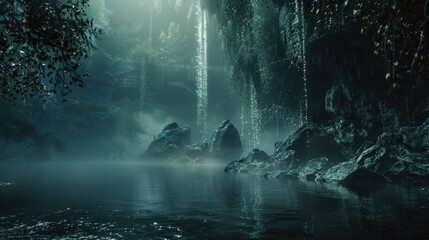 A dark, misty forest with a waterfall and a body of water