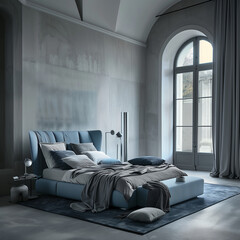 Modern Bedroom in Cool Grey and Blue Shades
