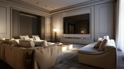 Fototapeta premium Elegant minimalist neoclassical media room with luxurious beige decor