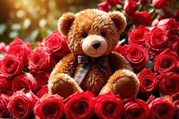 Teddy bear with roses, romantic valentines gift concept