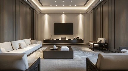 Elegant minimalist neoclassical media room with modern furniture and ambient lighting
