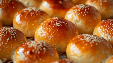 Close-up of artisanal golden brown buns topped with white sesame seeds, with a focus on the texture and glossiness of the baked surface. - obrazy, fototapety, plakaty
