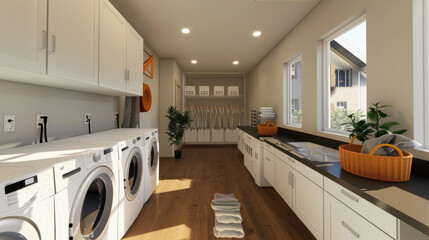 A laundry room with a white washer and dryer, a potted plant