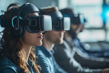 Business professionals using virtual reality headsets for immersive training, meetings, and collaboration