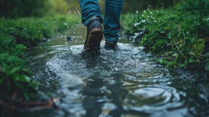 Boots walking through a shallow puddle, creating ripples, capturing a moment of outdoor exploration after rain.