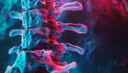 A skeleton is shown with a blue and red background