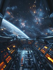 Cinematic portrayal of an interstellar journey, spacecraft dashboard view with distant stars, high contrast and sharp focus.