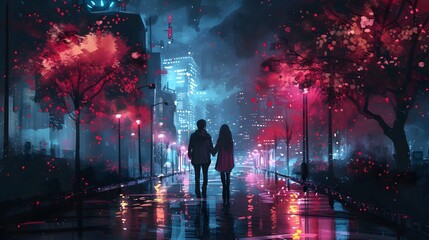 A couple walks hand in hand on a wet urban street, illuminated by neon lights and the vibrant colors of a rainy evening, Digital art style, illustration painting.