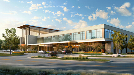 Fototapeta premium A large building with a lot of windows and a large parking lot