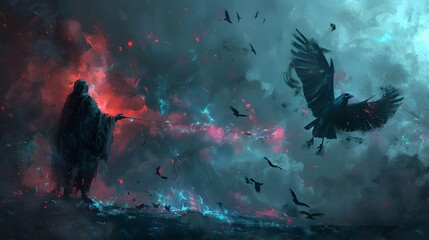A cloaked sorcerer extends a staff, summoning an otherworldly energy, as a flock of ravens takes flight in a tumultuous, mystic sky, Digital art style, illustration painting. - obrazy, fototapety, plakaty