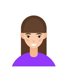 Happy Girl Kid Character Avatar. Positive Smiling Funny Girl Face Portrait. Happy Birthday Party Decoration Design Element. Flat Simple Joyful Cheerful Child Portrait 