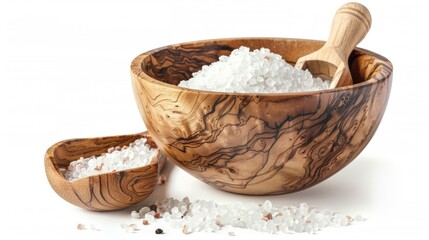 Portrait of natural salt in wooden bowl and scoop on white background. generative AI image