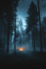 Dark and atmospheric photo of an alleged alien abduction site, foggy forest at night, eerie glow - obrazy, fototapety, plakaty
