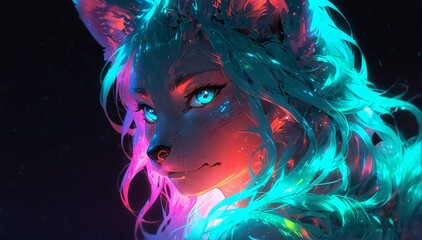 portrait of teal holographic glowing neon fox on dark background from Generative AI