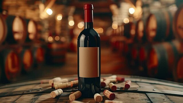 A bottle of red wine with mock up label sits on a wooden table in a wine cellar. The glass bottle stopper and saver preserve the precious liquid inside, a luxurious drink made of alcohol