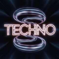 A glowing neon sign with the word "TECHNO" in bright, illuminated letters. Above and below the text, a neon light forms two intertwined rings - AI Generated Digital Art