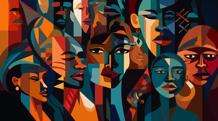 Black History Month colourful abstract illustration of Diverse representations of African-American across different fields.