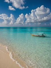 Small boat, with canopy providing shade, anchored near shore of serene, beautiful beach. Boat floats gently on crystal clear waters where azure sky meets tranquil sea.