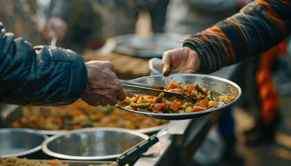 A person is holding a plate of food and giving it to someone else