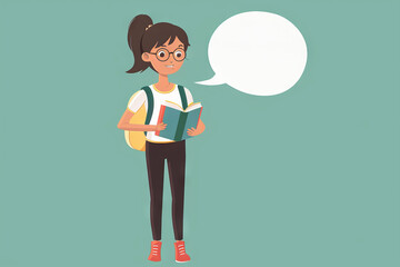 Young schoolgirl with Backpack and Book with Speech Bubble on Teal Background vector