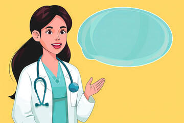 vector of Female Doctor pointing to empty Speech Bubble on Yellow Background