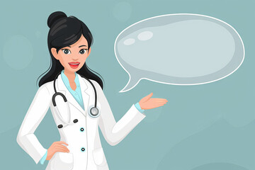 vector of Female Doctor Pointing to Speech Bubble on Light Blue Background