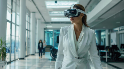 A businesswoman using augmented reality glasses to analysis data and decision-making, projecting a futuristic and efficient work setting