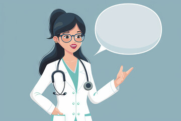 vector of Professional Female Doctor with glasses Presenting with Speech Bubble on grey Background