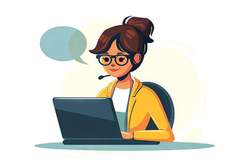 vector of Smiling Woman with Headset Working on Laptop with Speech Bubble on light Background