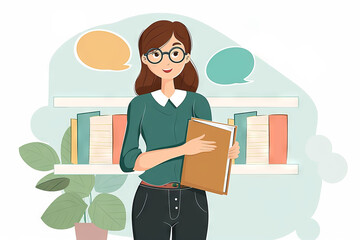 Female teacher Holding Book with Speech Bubbles and Bookshelf on Pastel Background vector